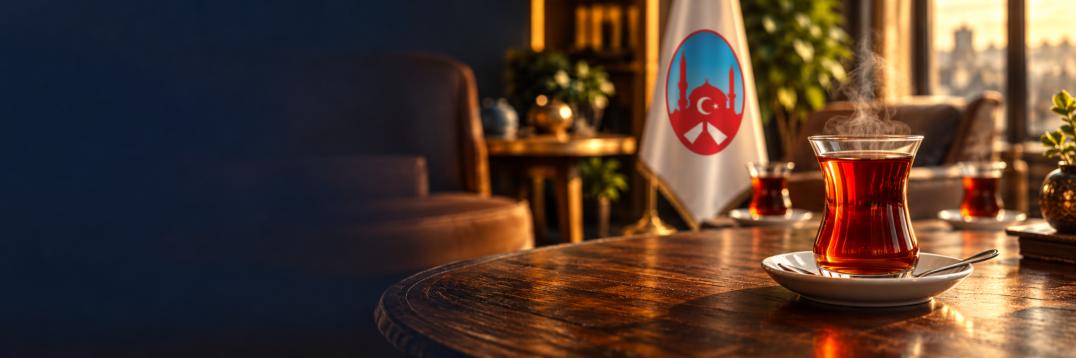Arka planda Türk Federasyon bayrağı bulunan sıcak bir ortamda Türk çayı