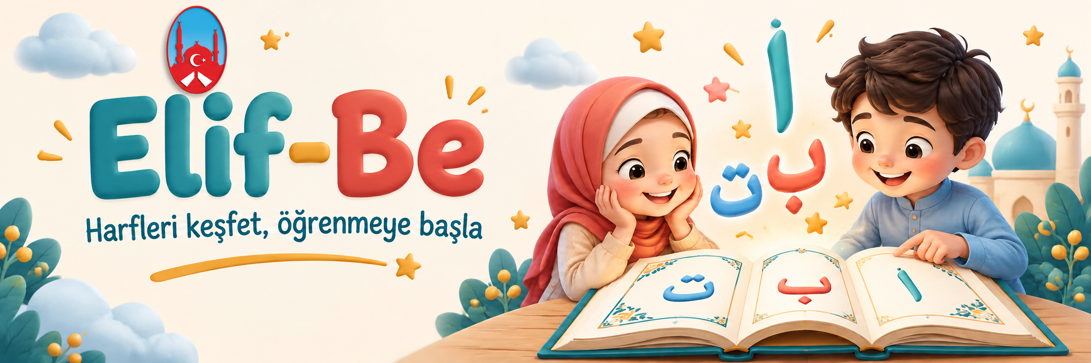 Elif-Be · Harfleri keşfet, öğrenmeye başla. 3D Türk Federasyon logosu ve kitapla harf öğrenen iki çocuk.